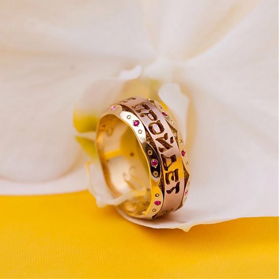 Кольцо царя Соломона на русском языке из золота с крутящимся элементом «Все пройдет. Пройдет и это»